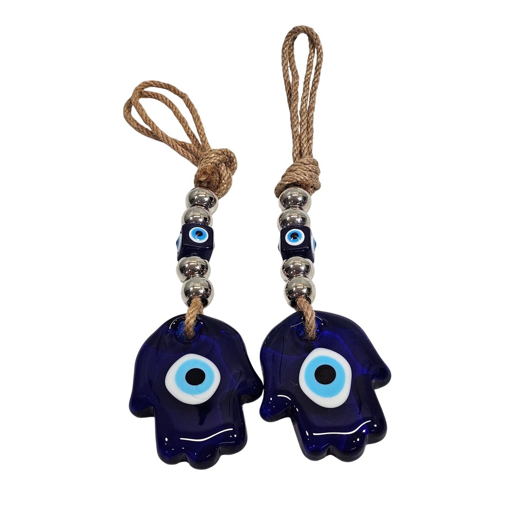 Blue Glass Hamsa Hand Evil Eye Wall Hanging Protection Nazar Amulet Set‎ 2 9.5"